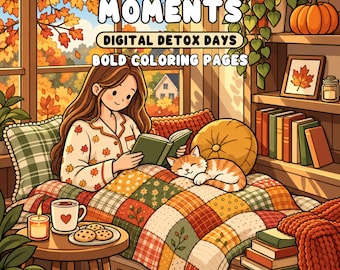 Cozy Autumn Moments Coloring Pages Bold Fall Scenes Cozy Hobbies Printable PDF and Transparent PNG for Procreate