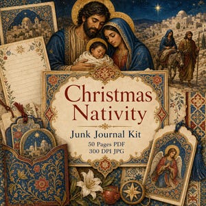 Könnte beinhalten: Ein Weihnachts-Krippen-Junk-Journal-Set mit einer zentralen Titelkarte mit dem Text Christmas Nativity Junk Journal Kit 50 Pages PDF 300 DPI JPG, umgeben von dekorativen Papierbögen, Geschenkanhängern und einem Umschlag mit Blumenmustern.