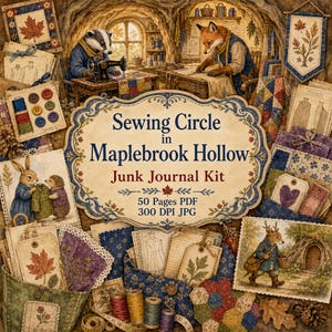 Peut inclure: Un kit de junk journal numérique intitulé Sewing Circle in Maplebrook Hollow, comprenant 50 pages PDF et des fichiers JPG 300 DPI. Le design présente des illustrations d'animaux anthropomorphes cousant, des motifs de courtepointe, des boutons et des feuilles.