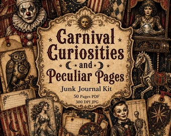 Carnival Curiosities and Peculiar Pages Junk Journal Kit dark Ephemera vintage circus Pages oddities Fussy Cuts