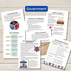 May include: Educational printables about the U.S. government, including the Constitution, the Bill of Rights, and the three branches of government. The pages feature text, diagrams, and fill-in-the-blank exercises for students.