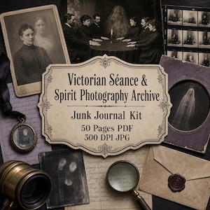 Puede incluir: Un kit de diario basura titulado Victorian Séance & Spirit Photography Archive con 50 páginas PDF y archivos JPG de 300 DPI. La colección incluye fotografías antiguas en blanco y negro, una lupa y un sobre con un sello de cera.