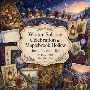 以下が含まれることがあります： Winter Solstice Celebration in Maplebrook Hollowというタイトルのジャンクジャーナルキット。50ページのPDFと300 DPIのJPGファイルが含まれています。ランタンを持つ森の動物たち、雪景色、松ぼっくり、星が描かれた冬をテーマにしたデザインです。