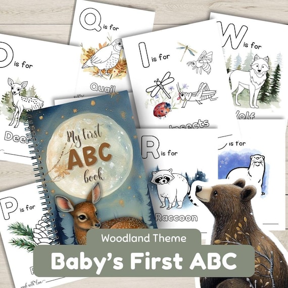 Woodland Theme ABC Coloring Book, ABC Baby Shower Coloring Book, Digital Download, Baby Shower Activity, Gift Idea, Forest Themed Printable