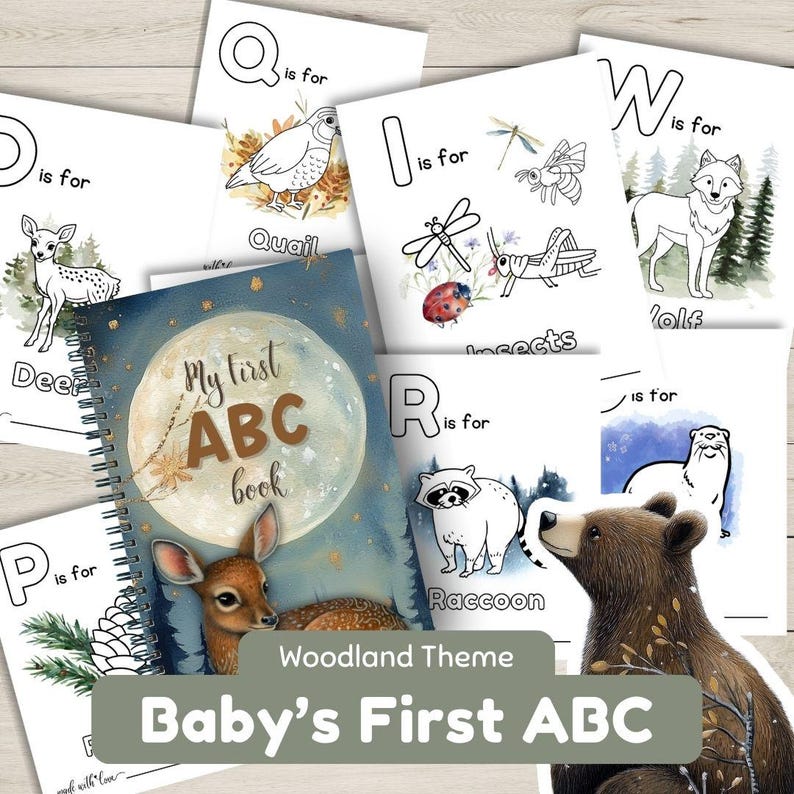 Wald Thema ABC Malbuch, ABC Baby-Dusche Malbuch, digitaler Download, Baby-Dusche-Aktivität, Geschenkidee, Wald Themen Printable Bild 1
