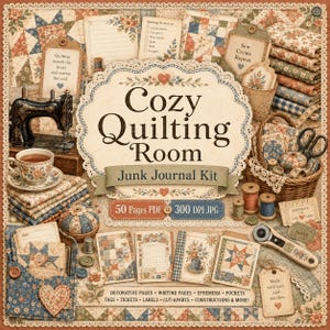 May include: A digital junk journal kit titled Cozy Quilting Room featuring a collection of printable pages, tags, and labels with floral and quilt patterns, a vintage sewing machine, a teacup, a basket of supplies, and sewing tools.
