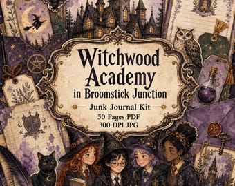 Witchwood Academy in Broomstick Junction Junk Journal Kit Witch Boarding School Ephemera Magical Pages Quirky Halloween Printable Fussy Cuts