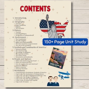May include: A beige educational poster with the title "CONTENTS" in red. It features a list of topics about American history and culture, including geography, government, and symbols. The poster includes illustrations of the Statue of Liberty and the Grand Canyon, with the text "150+ Page Unit Study".