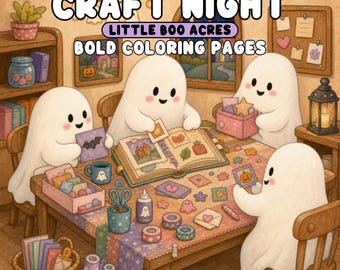 Craft Night in Little Boo Acres Coloring Pages Spooky Ghost Craft Village Printable PDF and Transparent PNG for Procreate