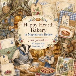 May include: A digital junk journal kit titled Happy Hearth Bakery in Maplebrook Hollow, featuring illustrations of a badger and rabbit baking, bread, pies, floral patterns, vintage paper textures, and tags in a 50-page PDF and 300 DPI JPG format.