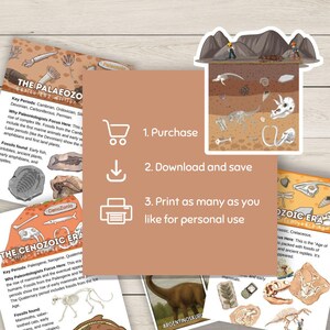 May include: Educational printables showing the Palaeozoic and Cenozoic Eras, with fossil illustrations and diagrams. A sticker shows an earth cross-section with fossils. Instructions: Purchase, download, and print.