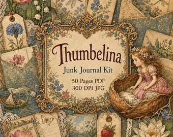Thumbelina Junk Journal Kit printable Ephemera fairy tale Pages antique Fussy Cuts Storybook Keepsakes Series