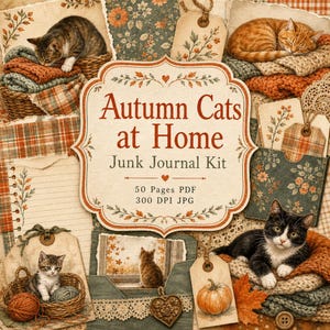 Può includere: Un kit digitale per junk journal intitolato Autumn Cats at Home con varie illustrazioni di gatti, zucche e fogliame autunnale. Il design include sfondi in carta testurizzata, etichette regalo e texture lavorate a maglia in calde tonalità arancioni e marroni.