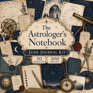Puede incluir: Un kit de diario digital titulado The Astrologer's Notebook, que presenta cartas celestiales, tablas planetarias, un telescopio, una esfera armilar, una brújula y registros de observación lunar en tonos azul marino, crema y dorado.