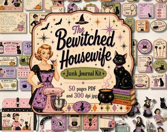 Puede incluir: Un kit de junk journal digital titulado The Bewitched Housewife que incluye una colección de efímeros imprimibles, con un gráfico central de una mujer con delantal morado y batidora, un gato negro, un caldero y varias etiquetas temáticas.
