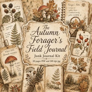 May include: A digital junk journal kit titled The Autumn Forager's Field Journal, featuring vintage-style illustrations of blackberries, ferns, mushrooms, rose hips, and oak leaves, with handwritten notes and botanical sketches on aged paper textures.