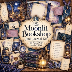 Peut inclure: Un kit de journal créatif numérique intitulé The Moonlit Bookshop comprenant 50 pages de papeterie sur le thème céleste bleu foncé et doré. Inclut des éphémères, marque-pages, étiquettes et illustrations de bibliothèques et lanternes.