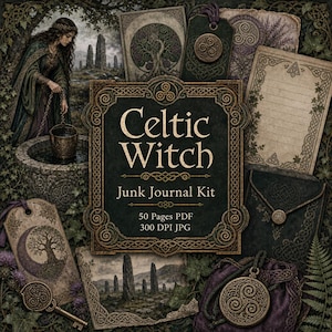 Può includere: Un kit digitale per junk journal intitolato Celtic Witch con 50 pagine in formato PDF e JPG a 300 DPI. La collezione include illustrazioni di una persona presso un pozzo in pietra, antichi monoliti, nodi celtici, alberi e pergamene decorate.