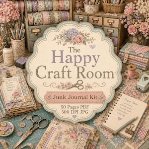 May include: A decorative sign with the text The Happy Craft Room Junk Journal Kit 50 Pages PDF 300 DPI JPG, surrounded by craft supplies including scissors, washi tape, glue, a notebook, and floral arrangements in a workspace setting.