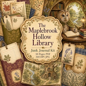 May include: A junk journal kit titled The Maplebrook Hollow Library featuring 50 pages in PDF and 300 DPI JPG formats. The design includes an owl writing in a book, botanical illustrations of leaves and flowers, and various paper pockets.