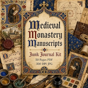 May include: A digital junk journal kit titled Medieval Monastery Manuscripts featuring 50 pages in PDF and 300 DPI JPG formats. The design includes ornate blue and gold borders, illustrations of monks, musical scores, and geometric diagrams.