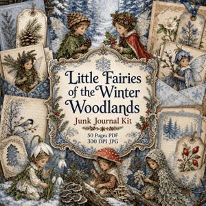 Könnte beinhalten: Ein Junk-Journal-Set mit dem Titel Little Fairies of the Winter Woodlands, das 50 Seiten im PDF- und 300-DPI-JPG-Format enthält. Das Design zeigt verschiedene Illustrationen von Feen in winterlichen Umgebungen, Tannenzapfen, Beeren und blauen Blumenmotiven.