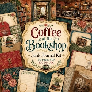 May include: A junk journal kit titled Coffee at the Bookshop featuring 50 pages in PDF and 300 DPI JPG formats. The collection includes various stationery items with floral patterns, book illustrations, coffee stains, and lined paper designs.