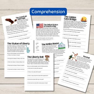 May include: Educational worksheets on American symbols and landmarks, including the Bald Eagle, the Statue of Liberty, the American flag, the White House, the Liberty Bell, and the Golden Gate Bridge. The worksheets include questions about each topic. The word "Comprehension" is at the top.