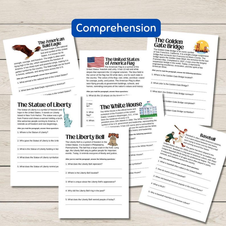 May include: Educational worksheets on American symbols and landmarks, including the Bald Eagle, the Statue of Liberty, the American flag, the White House, the Liberty Bell, and the Golden Gate Bridge. The worksheets include questions about each topic. The word "Comprehension" is at the top.