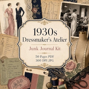 May include: A 1930s Dressmaker's Atelier junk journal kit featuring 50 PDF pages and 300 DPI JPG files. The collection includes vintage fashion illustrations, sewing patterns, fabric swatches, lace, thread spools, scissors, and a dress form.