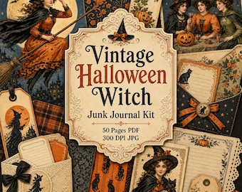 Vintage Halloween Witch Junk Journal Kit Postcard Ephemera Antique Pages Retro Fussy Cuts