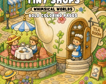 Tiny Shops Coloring Pages Whimsical Shop Scenes Printable PDF and Transparent PNG for Procreate Digital Coloring