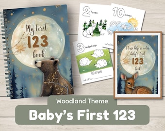 Waldland Thema 123 Malbuch für 1-10, Mond-Babyparty Gastaktivität, Babys erstes Zahlenbuch, Wald-Thema druckbare PDF