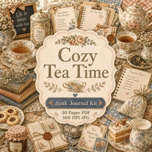 Peut inclure: Un kit de junk journal numérique intitulé Cozy Tea Time comprenant des services à thé fleuris, des fiches recettes et de la papeterie vintage. L'étiquette centrale affiche le texte Cozy Tea Time et Junk Journal Kit, 50 Pages PDF, 300 DPI JPG.