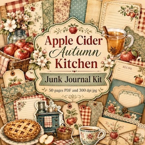 May include: A digital junk journal kit titled Apple Cider Autumn Kitchen featuring 50 pages in PDF and 300 dpi JPG formats. The design includes illustrations of red apples, apple pie, a vintage stove, floral patterns, and recipe cards.