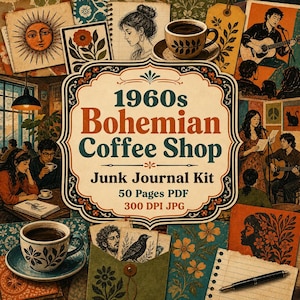 Op de afbeelding: Een digitale junk journal kit getiteld 1960s Bohemian Coffee Shop met 50 pagina's in PDF- en 300 DPI JPG-formaat. Het centrale label is omringd door illustraties van mensen in een koffiebar, een koffiekopje, een zon en bloemmotieven.