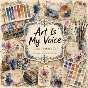 Könnte beinhalten: Ein digitales Junk-Journal-Set mit dem Titel Art Is My Voice, das Aquarellillustrationen von Farbpaletten, Pinseln im Glas, Blumen, Büchern und Farbmustern enthält. Das Set umfasst 50 Seiten als PDF und 300 DPI JPG mit verschiedenen künstlerischen Zitaten.