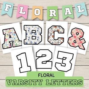 Printable Large Alphabet Floral Varsity Letters and Numbers for Bulletin Board Uppercase ABC 123 Templates for Posters Coloring Signs Crafts