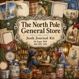 Op de afbeelding: Een digitale junk journal kit genaamd The North Pole General Store met 50 pagina's in PDF en 300 DPI JPG-bestanden. Het ontwerp toont twee elfen in een winkel met planken vol potten, houten kisten met fruit en diverse kerstachtige papieren.