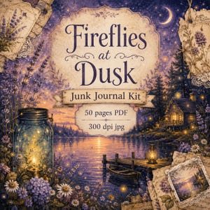 Puede incluir: Un kit de diario creativo digital titulado Fireflies at Dusk, que incluye un PDF de 50 páginas y archivos jpg de 300 ppp. La ilustración muestra un lago al atardecer con un muelle de madera, una barca, una linterna y un frasco con luces.