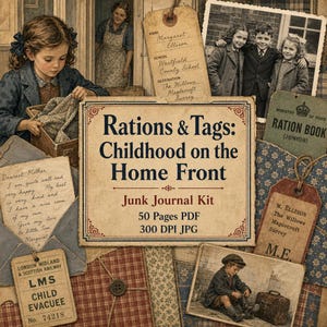 Può includere: Un kit di junk journal digitale intitolato Rations & Tags: Childhood on the Home Front, contenente 50 pagine in formato PDF e JPG a 300 DPI. Il design include illustrazioni vintage di bambini, lettere scritte a mano, etichette e libretti.