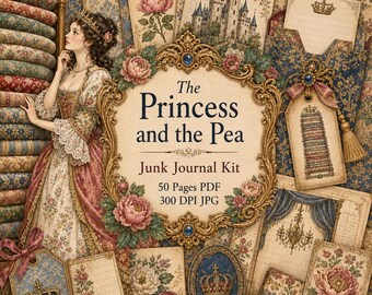 The Princess and the Pea Junk Journal Kit Printable Ephemera Fairy Tale Pages Antique Fussy Cuts Storybook Keepsakes Series