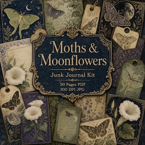 May include: A digital junk journal kit titled Moths & Moonflowers featuring 50 pages in PDF and 300 DPI JPG formats. The design includes various illustrations of moths, moonflowers, and vintage-style tags in shades of navy blue, green, and cream.