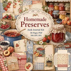 Könnte beinhalten: Ein digitales Junk-Journal-Set mit dem Titel Homemade Preserves, das eine Sammlung von Papieren, Anhängern und Umschlägen im Vintage-Stil enthält, verziert mit Erdbeeren, Himbeeren, Pfirsichen und Marmeladengläsern. Das Set umfasst 50 Seiten PDF und 300 DPI JPG.