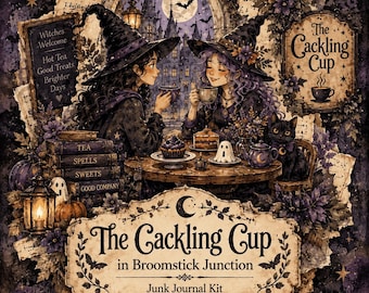 The Cackling Cup in Broomstick Junction Junk Journal Kit Whimsical Quirky Halloween Witch Café Ephemera and Papers