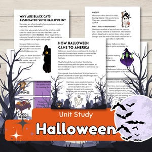 May include: A Halloween-themed unit study page with text and illustrations. The page includes information on black cats, the history of Halloween, and ghosts. The bottom of the page has the words "Unit Study Halloween" in large letters, with bats and a full moon.