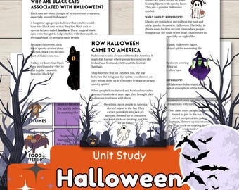 May include: A Halloween-themed unit study page with text and illustrations. The page includes information on black cats, the history of Halloween, and ghosts. The bottom of the page has the words "Unit Study Halloween" in large letters, with bats and a full moon.