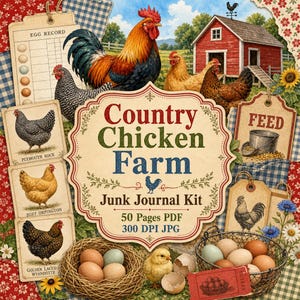 May include: A digital junk journal kit titled Country Chicken Farm featuring illustrations of roosters, hens, and chicks in a farm setting. The kit includes an egg record card, feed tag, and various chicken breed labels like Plymouth Rock and Buff Orpington.