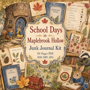May include: A digital junk journal kit titled School Days in Maplebrook Hollow featuring woodland animal illustrations, a class schedule, nature study pages, a map, a brown satchel, and autumn maple leaves in a warm, rustic, and earthy color palette.