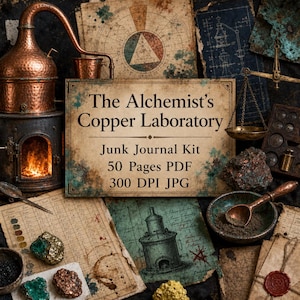 Pode incluir: Um kit de junk journal digital intitulado The Alchemist's Copper Laboratory, com 50 páginas em formato PDF e JPG de 300 DPI. A imagem mostra um alambique de cobre, gráficos vintage, uma balança, rochas minerais e uma tigela com uma colher.